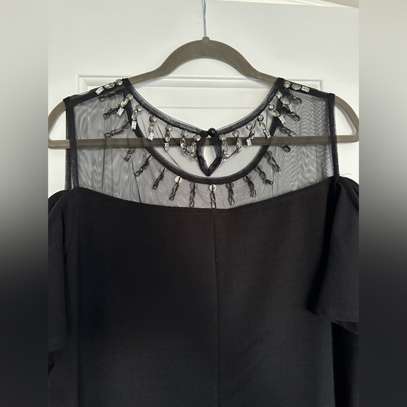 Black Off the Shoulder Short Sleeve Dress with Open Shoulders and Gems - Picture 4 of 6